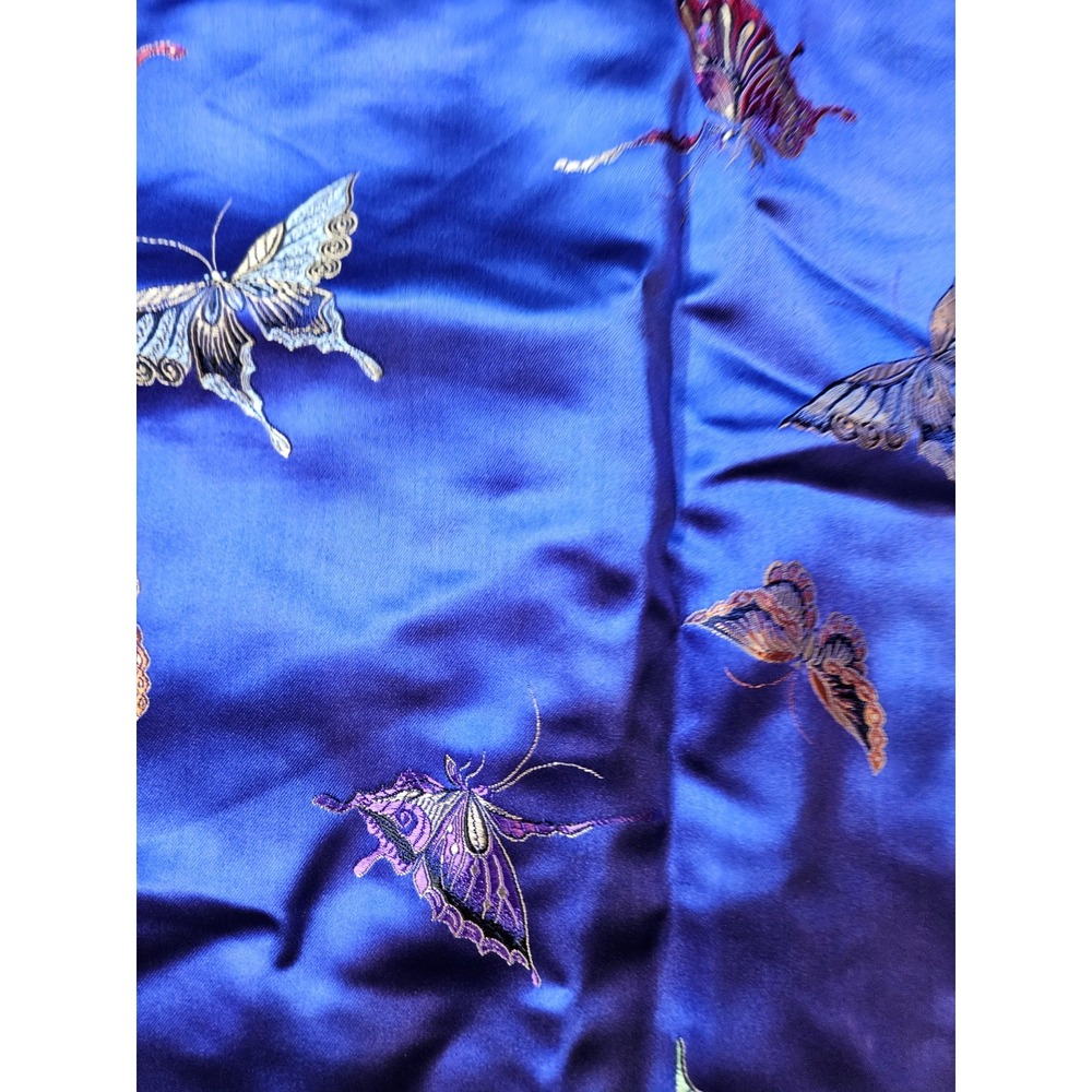 Blue Satin Butterfly Embroidered Cheongsam Qipao Maxi Dress Mandarin Collar - Picture 4 of 16